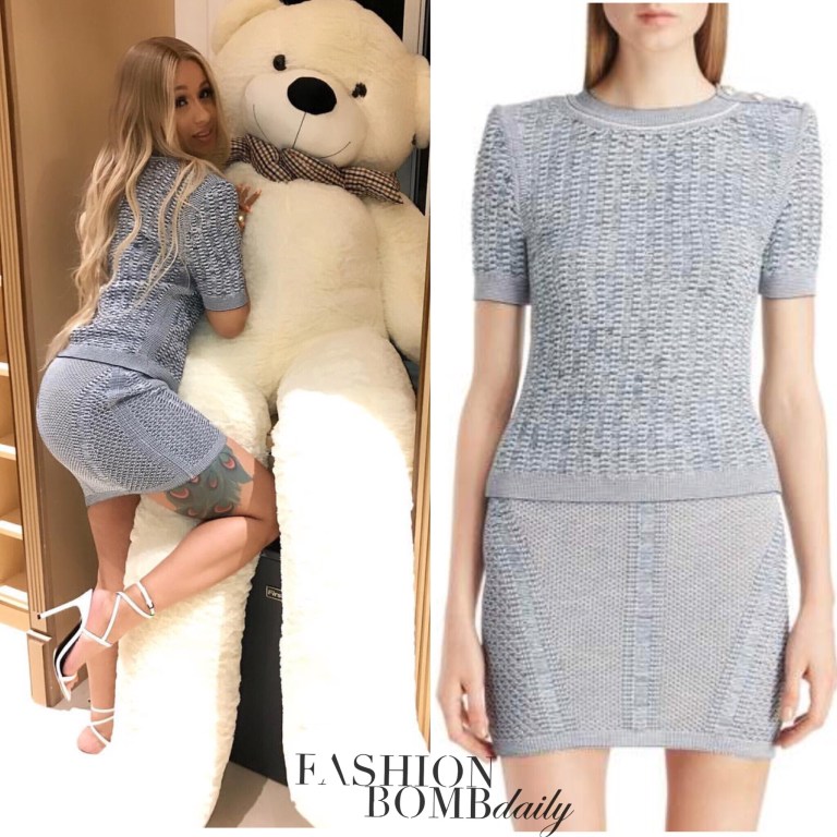 Splurge: Cardi B’s Instagram Teddy Bear Balmain Gray Tweed Effect Sweater and Skirt Set