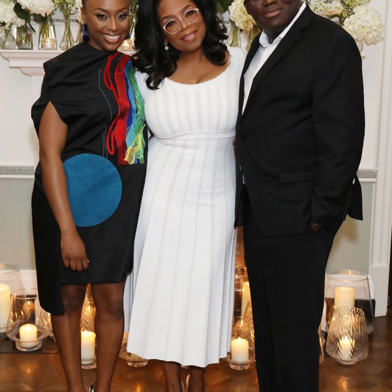 Chimamanda Ngozi Adichie Wears Idma-Nof Rainbow Hued Dress for British Vogue Afternoon Tea Party Honoring Oprah hosted by Edward Enninful