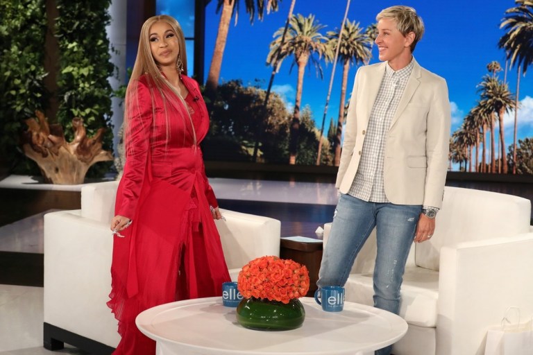 Cardi B Wears Red Givenchy Two-Button Mixed-Panel Ruffled-Hem Linen-Silk Coat Jacket on Ellen