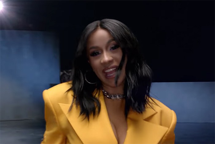 Cardi B Beams in a Yellow Chae New York Spring 2018 Blazer Dress in Maroon 5’s ‘Girls Like You’ Video