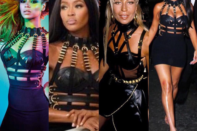 Celebs Like Beyoncé, Kim Kardashian, Donatella Versace, Naomi Campbell Love Versace’s Vintage Fall ’92 Laden Strap Dress