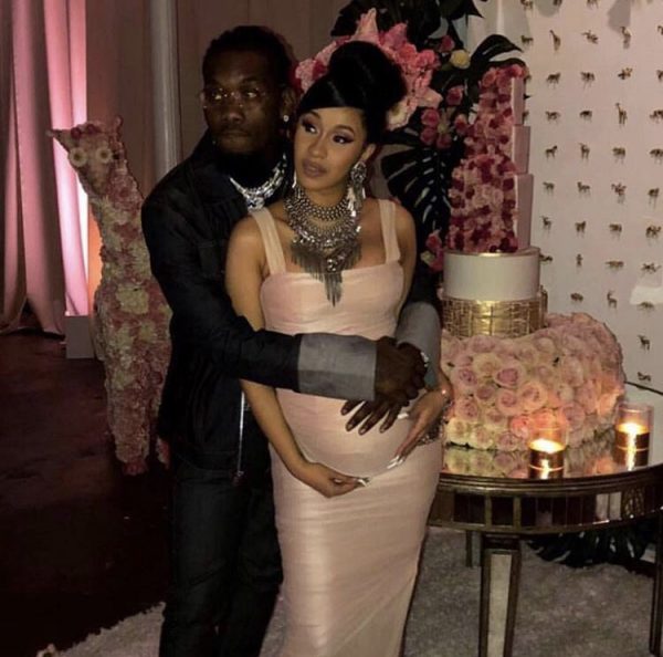 Mom-to-Be Cardi B Beams in a Ruched Tom Ford Dress At Her Rose Garden Baby Shower