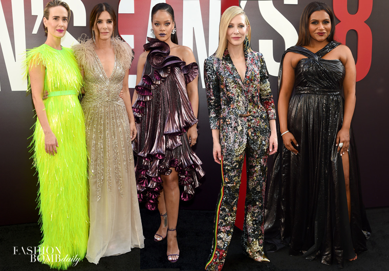 On the Scene: The Ocean’s 8 New York Premiere with Rihanna in Givenchy Lamé Ruffles, Sandra Bullock in Feathered Elie Saab, Mindy Kaling in Prabal Gurung, and More!