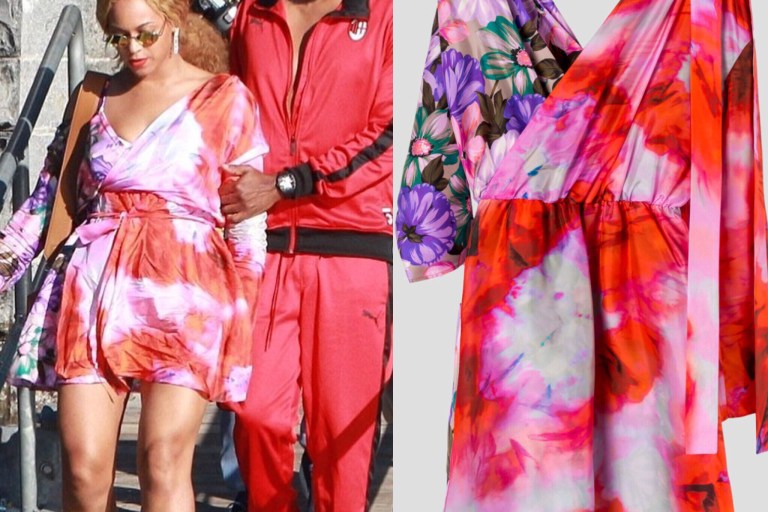Beyonce and Jay Z Photographed in Lake Como, Italy with Beyonce in an MSGM Tie Dye and Floral Dress and Jay Z in a PUMA x AC Milan T7 Tracksuit
