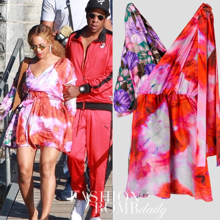Beyonce and Jay Z Photographed in Lake Como, Italy with Beyonce in an MSGM Tie Dye and Floral Dress and Jay Z in a PUMA x AC Milan T7 Tracksuit