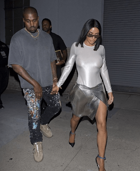 Kim Kardashian Steps out with Kanye West in a Metallic Silver Skirt by Fannie Schiavoni