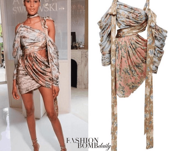 Model Cindy Bruna Stuns at Haute Couture Week in a Zimmermann Elixir Wrapped Floral Silk Mini Dress