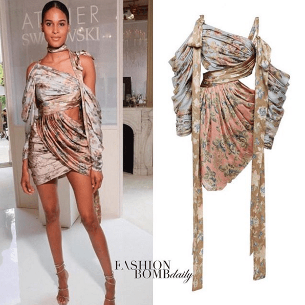 Model Cindy Bruna Stuns at Haute Couture Week in a Zimmermann Elixir Wrapped Floral Silk Mini Dress