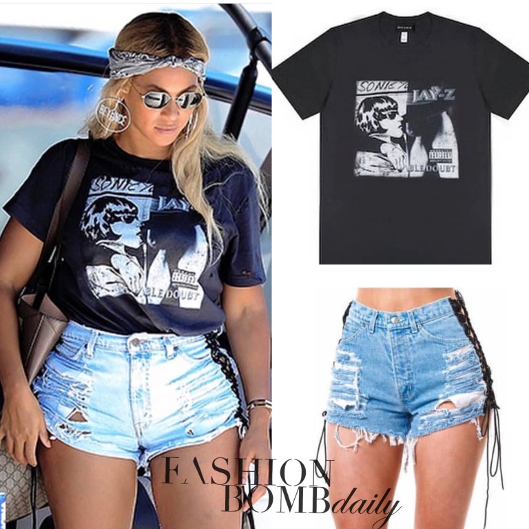 Beyonce is Nice in Nice Wearing Messika Paris Hoops, a Le Grand Heirs Sonic Youth x Jay Z Tee, and Coal N Terry Vintage Wicked Lace Up Cut Off Denim Shorts