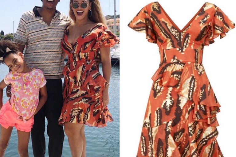 Splurge: Beyoncé Enjoys Family Vacation In Cannes Wearing a $1,595 Temperley London Printed Ruffle Dress and $525 Ritch Erani Clear Sandals