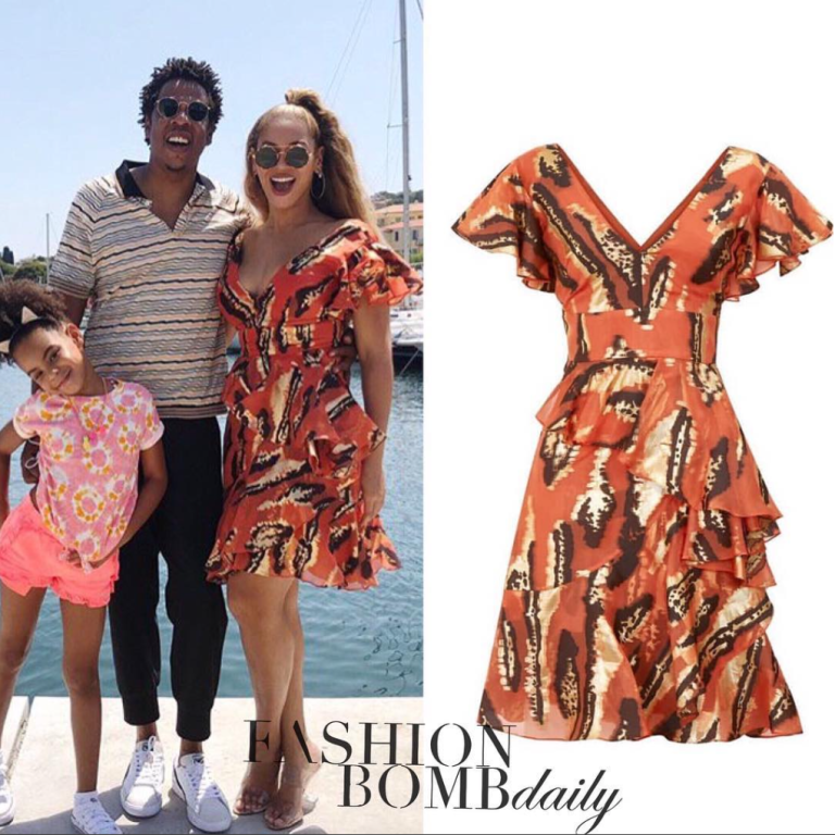 Splurge: Beyoncé Enjoys Family Vacation In Cannes Wearing a $1,595 Temperley London Printed Ruffle Dress and $525 Ritch Erani Clear Sandals