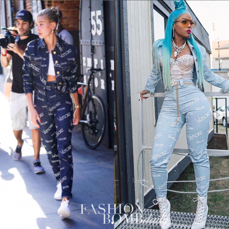 Who Wore It Better: Keyshia Ka’Oir vs. Hailey Baldwin in Versace’s $2,600 ‘Logo Mania’ Denim Set