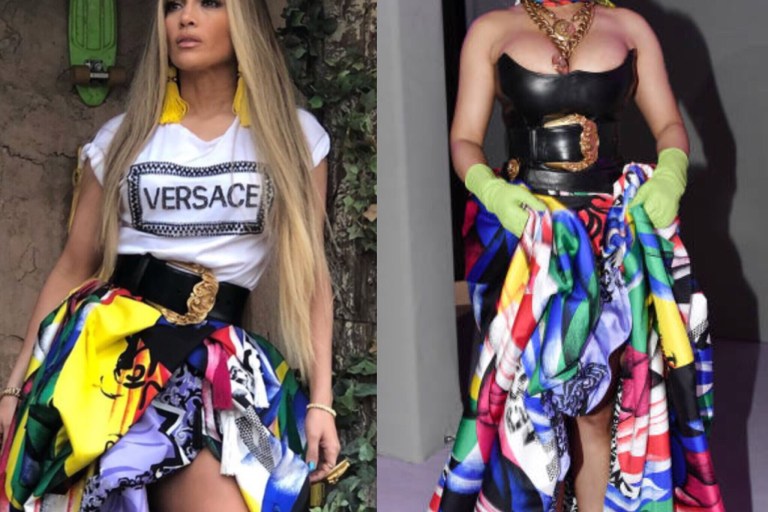 Who Wore It Better? JLo Vs. Nicki Minaj in Versace’s FW18 Printed Skirt
