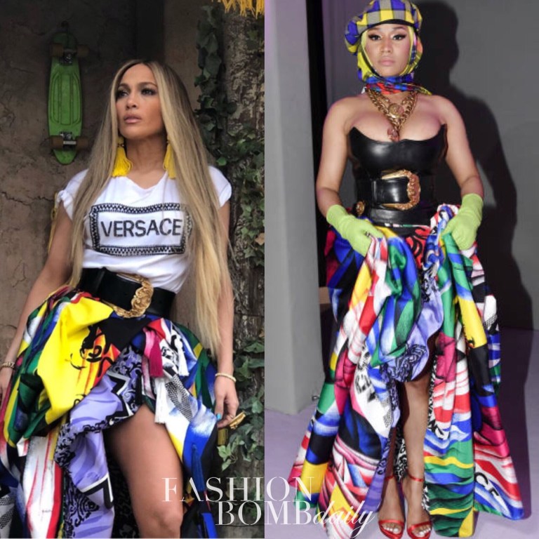 Who Wore It Better? JLo Vs. Nicki Minaj in Versace’s FW18 Printed Skirt