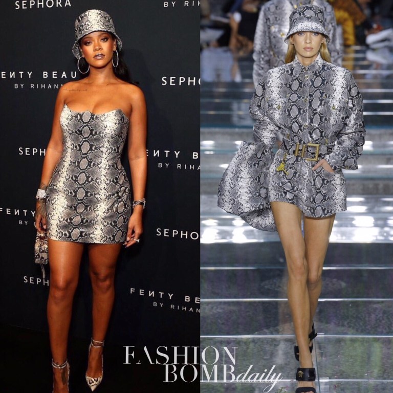 Rihanna Wears Versace Snake Print Dress and Christian Louboutin Pumps to the Sydney Fenty Beauty Sephora Launch