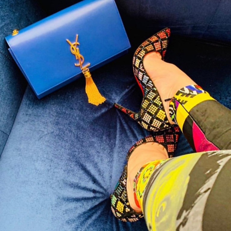 Accessories Lust: Buy Gia Casey’s Blue YSL Cassandre Fringe Bag and Christian Louboutin Multicolored Arletta Pumps