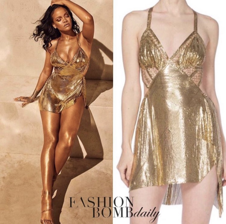 Rihanna Announces a New Drop of Fenty Beauty ‘Body Lava’ in a Gold Mesh Dress by Morphew!