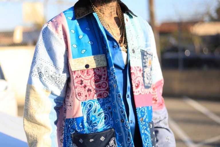 Nipsey Hussle’s Style Legacy Lives On: His Blue, Red, and Yellow Bandana Shirt by Sik’s View