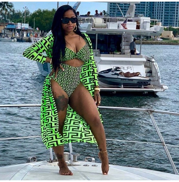 Toya Wright Sports her Fashion Nova High Waist, Two Piece, Geometric Neon & Black Bikini in Perfect Style