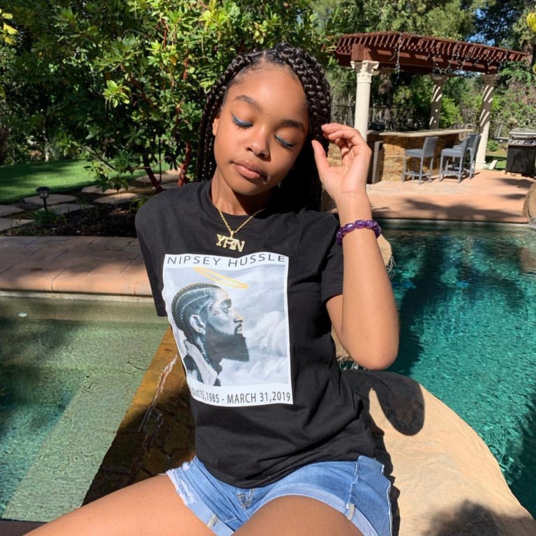 FashionBombHair: Marsai Martin slaying 90’s hair trend Jumbo Box Braids wearing Nipsey Hussle t-shirt