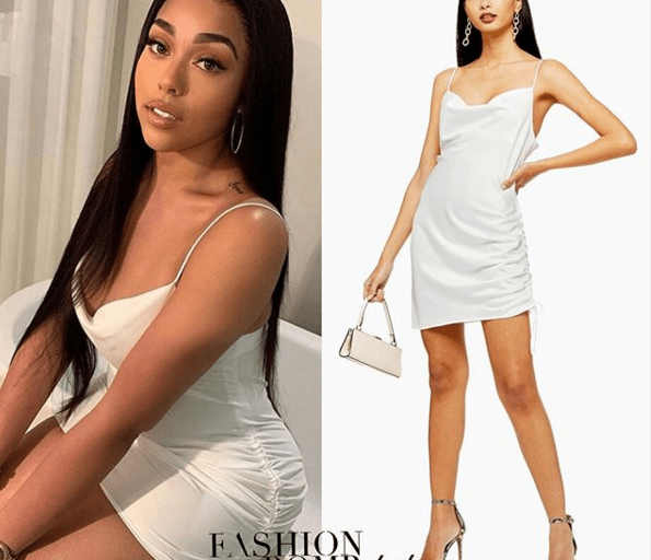 Wardrobe Query: Jordyn Woods’s Instagram $55 Toyshop White Mini Ruched Slip Dress