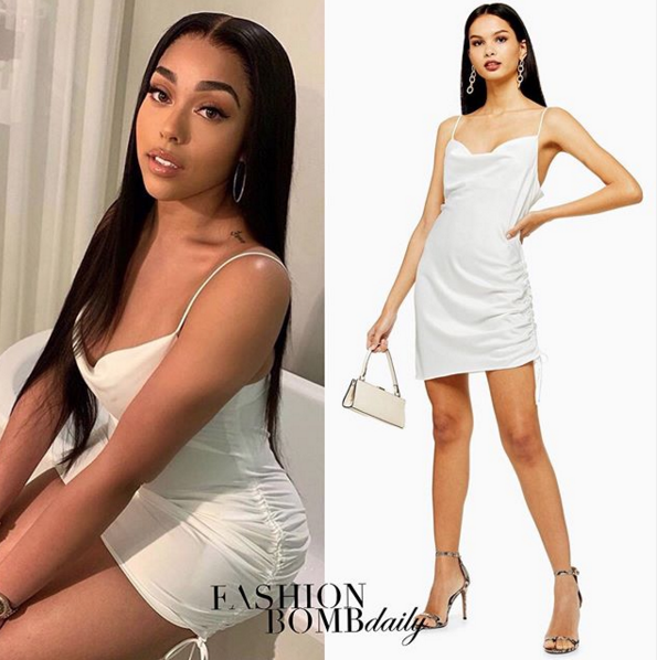 Wardrobe Query: Jordyn Woods’s Instagram $55 Toyshop White Mini Ruched Slip Dress