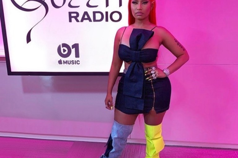 Nicki Minaj Rocks a Samantha Black Denim Top and Matching Skirt with Yellow and Denim Natasha Zinko Boots for Queen Radio