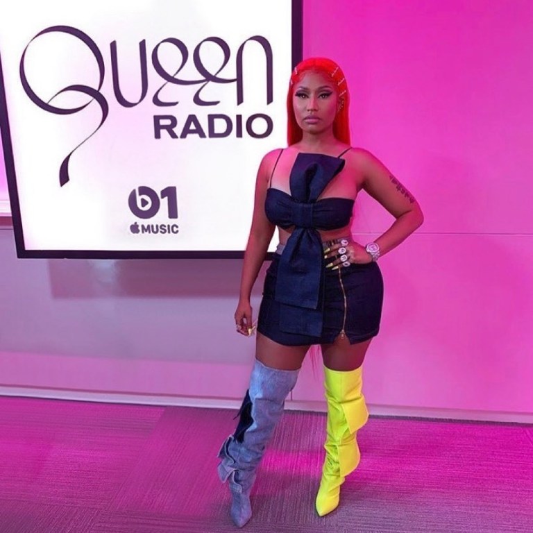 Nicki Minaj Rocks a Samantha Black Denim Top and Matching Skirt with Yellow and Denim Natasha Zinko Boots for Queen Radio