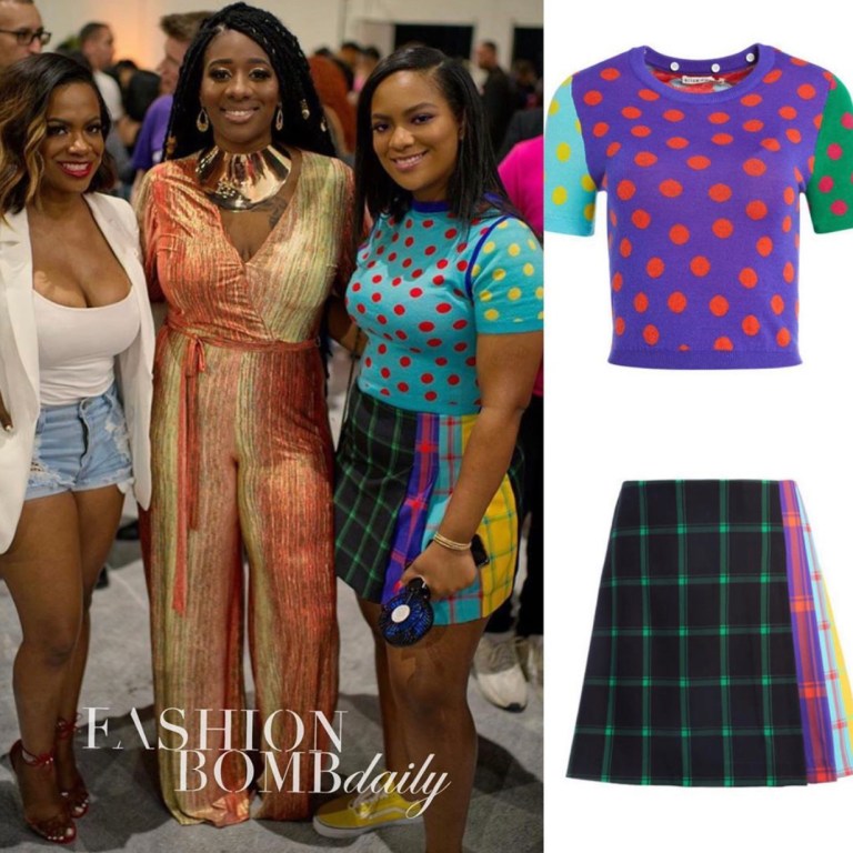 You Ask, We Answer! Riley Burruss ‘ Beautycon LA $275 Alice and Olivia Polka Dot Multicolor Sweater and $285 Plaid Skirt