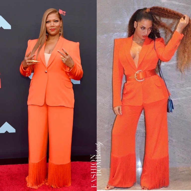 Who Wore it Better? Queen Latifah vs. Beyonce in Sergio Hudson’s Orange Belted Blazer and Fringed Pants Suit Available on BeautyLifeFun Shop