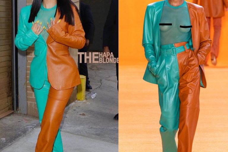 Cardi B Attends Vogue Magazine’s Forces of Fashion Event in Green and Brown Bicolor Sally LaPointe Leather Suit + Throwback to our Exclusive Interview