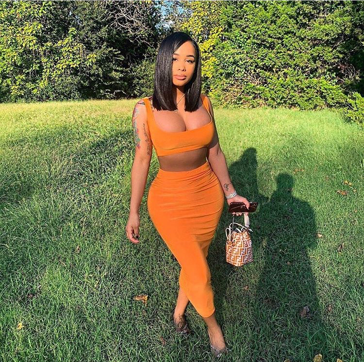 Dreamdoll is Adorable in her Autumn Orange Tube Top and Matching Skirt Set by Fashion Nova