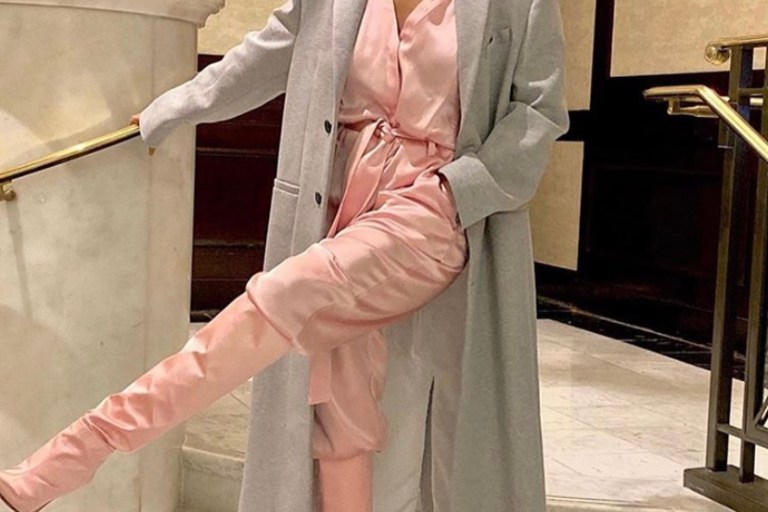 Celeb Style: Tracee Ellis Ross Stunted in a Pink 3.1 Phillip Lim Jumpsuit, a Gray Fenty Coat, and Pink Manolo Blahnik Boots