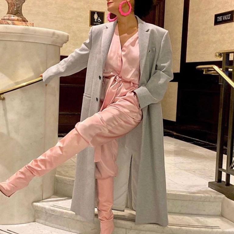 Celeb Style: Tracee Ellis Ross Stunted in a Pink 3.1 Phillip Lim Jumpsuit, a Gray Fenty Coat, and Pink Manolo Blahnik Boots