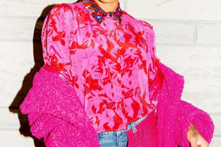 Wardrobe Query: Monica Denise’s Instagram Pink and Red Printed Tanya Taylor Dominique Silk Blouse Available at Nordstrom
