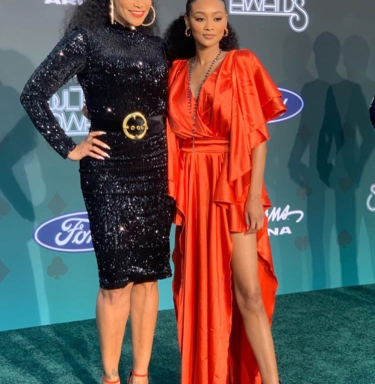 Tami Roman Shines at the Soul Train Awards in Black Sequined Sergio Hudson Dress and Giuseppe Zanotti Sandals