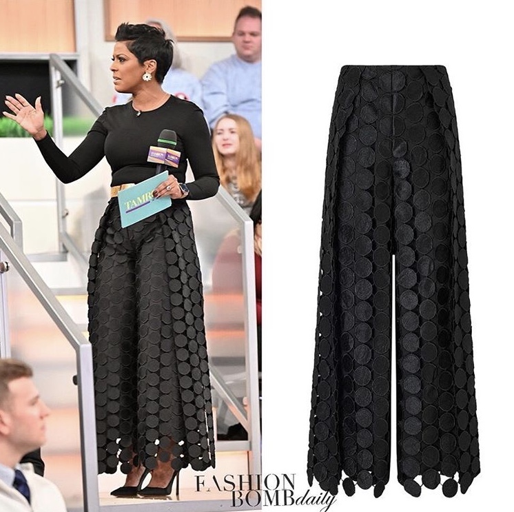 You Ask, We Answer: Tamron Hall Wears Black Circular Lace Cut Out  Pants from Solace London on The Tamron Hall Show