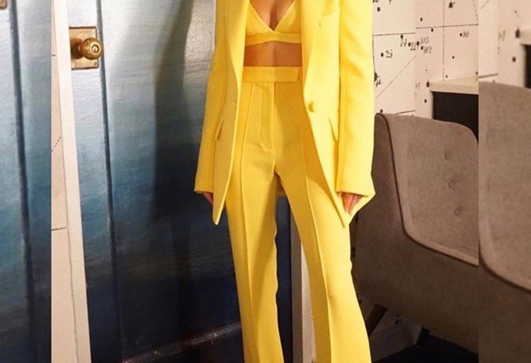 Zoey Deutch Shines Bright in a Sharp Yellow Alex Perry Boyfriend Blazer-Wide Leg Pants Suit & Matching Pointy Toe Christian Louboutin Pumps