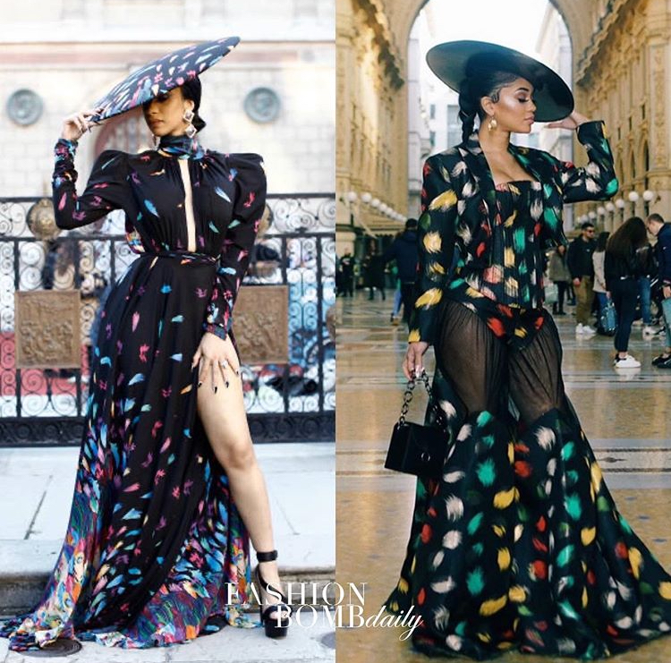 Who Wore It Better? Cardi B in a Michael Costello Multicolored Feather Printed dress vs Saweetie in a Harry Halim Multicolored Feather Printed Ensemble