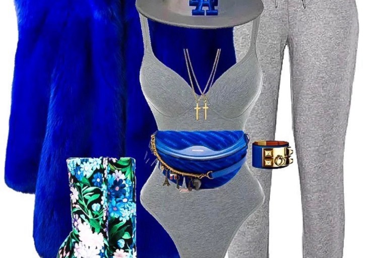 What to Wear to a Comfy Brunch 2020: Saint Laurent Blue Fur Coat, House of CB Gray Bodysuit and Balenciaga Floral Accessories