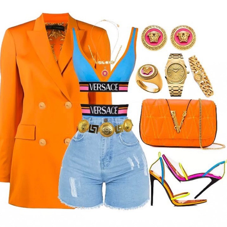 Outfit Inspiration: Versace Orange Blazer, Pretty Little Thing Denim Shorts and Jessica Rich Neon Shoes
