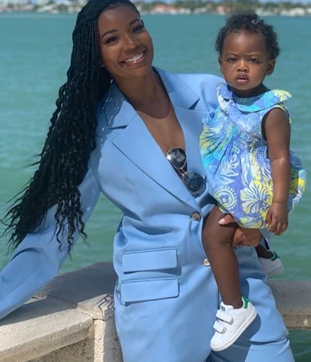 Get the Look: Gabrielle Union Wade poses with Adorable Daughter Kaavia in a Blue Aje Short Suit