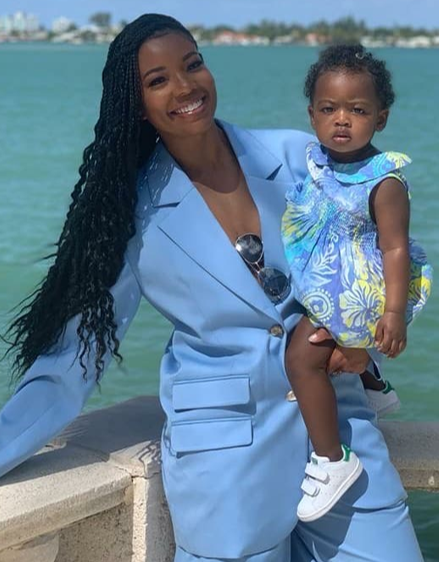 Get the Look: Gabrielle Union Wade poses with Adorable Daughter Kaavia in a Blue Aje Short Suit