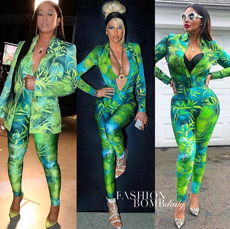 Who Wore it Better? Trina, Jelena Karleusa & Somaya Reece All Wore Similar  Green Versace Jungle Palm Print Looks to Perfection