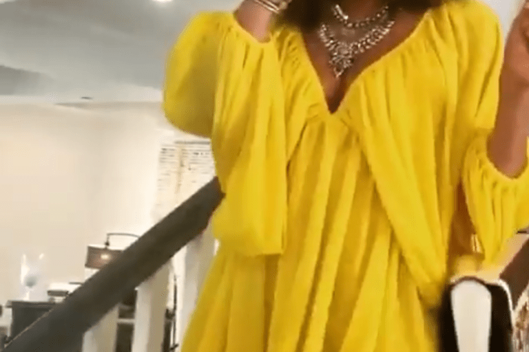 Wardrobe Query: Nicole Ari Parker’s Mother’s Day  Tularosa Yellow Bell Sleeve Mini Dress, Aquazzura Platform Sandals, and Stone Hubbard Bag