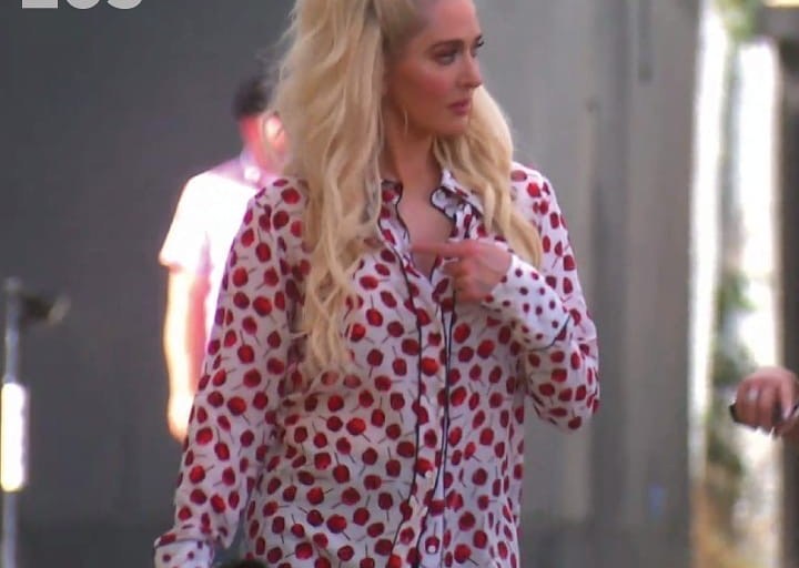 Splurge: Erika Jayne’s Real Housewives of Beverly Hills Season 10 Episode 5 No 21 Cherry Printed Button Blouse + Margiela Graphic Hoodie