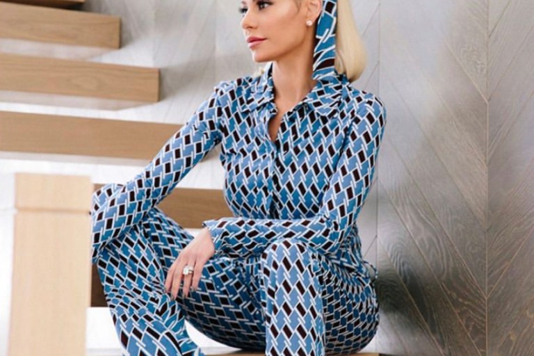 Splurge: Dorit Kemsley’s Real Housewives of Beverly Hills Blue Printed Prada Resort 2019 Top, Pants, and Head Scarf