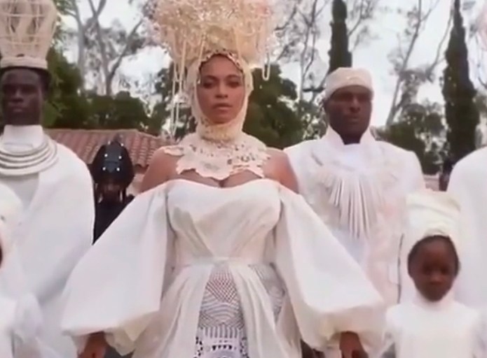 Beyonce Wears White Alon Livne Dress and Laurel Dewitt Crown, Burberry, and More in her New Black is King Film