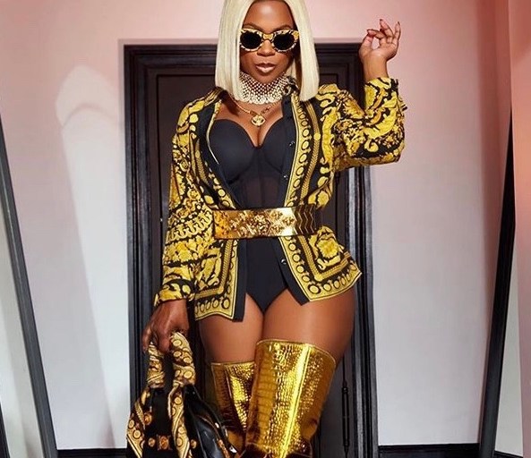 Kandi Wears Gold and Black Versace Silk Top with Gold Thigh High Boots by Jennifer Le