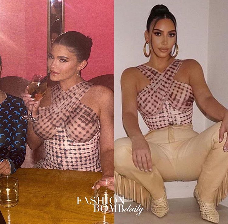 Who Wore it Better? Kim Kardashian vs Kylie Jenner in Charlotte Knowles Pink and Brown Check Dot Cross Halter Top